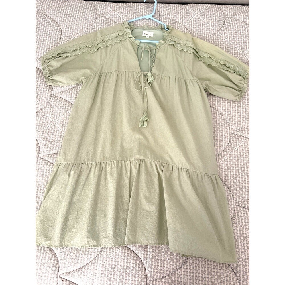 &merci Sage Green Babydoll Dress L Lace Trim Tie Neck Tiered Boho Cotton Lined